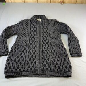 Aran Sweater Women's‎  L Charcoal Grey 100% Merino Wool Zip Cable Knit Cardigan